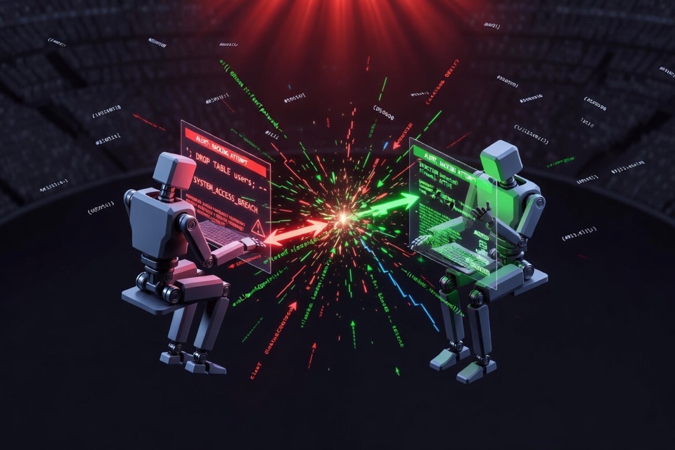 Prompt injection benchmark illustration showing two AI agents defending against adversarial code-injection attempts.
